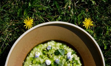 Risotto piselli, menta, mandorla e rafano, uno dei piatti che si possono gustare alla Cà del Profeta nel Monferrato
