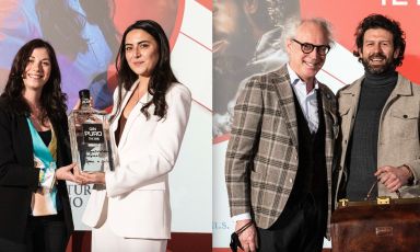 Arianna Presta di Bonaventura Maschio premia Sabina Yausheva (Dry Solferino, Milano) "Miglior Barlady 2022" e Mauro Pelacani di P&B Line premia Matteo di Ienno (Locale, Firenze) Miglior Barman 2022 (foto Brambilla/Serrani)
