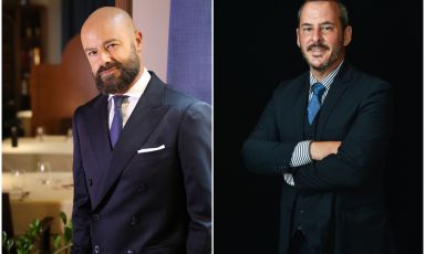 Piero Pompili,&nbsp;direttore di sala del ristorante Al Cambio di Bologna, e Rudy Travagli, restaurant manager e head sommelier di Enoteca La Torre a Villa Laetitia&nbsp;a Roma
