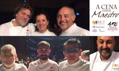 Alcuni degli chef protagonisti de A Cena con il Maestro, la magica serata che si è tenuta lunedì a Cremona. Gli scatti sono di Paolo Marchi, l'elaborazione grafica di Manuel Crippa
