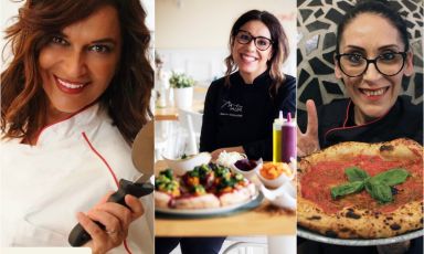 Da sinistra, tre donne che hanno cambiato la loro vita per amore della pizza: le pizzaiole Marzia Buzzanca di Agrumi Pizza-Sushi_Drink a Giulianova (Teramo), Amalia Costantini della pizzeria Mater a Fiano Romano (Roma) e Irene Malfarà della pizzeria Misera e Nobiltà a Parghelia in provincia di Vibo Valentia
