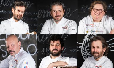 I 6 protagonisti dell'undicesima edizione di Identità di Pasta, in live streaming con accesso per tutti sul nostro sito alle ore 12.45 di domenica 25 ottobre. Da sinistra in alto, in senso orario: Carlo Cracco, Andrea Berton, Valeria Piccini, Cristiano Tomei, Matias Perdomo e Gianfranco Pascucci. (ritratti di Brambilla/Serrani)
