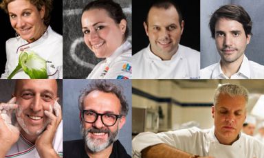 I protagonisti dell'ottava edizione di Identità New York (10-12 ottobre 2017): da sinistra a destra, in senso orario: la slovena Ana Roš, Caterina Ceraudo, Bobo Cerea, Virgilio Martinez, Eric Ripert, Massimo Bottura, Corrado Scaglione
