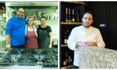 A sinistra lo staff del Da Lucrezia di Trebisacce: Giuseppe Gatto, la madre Lucrezia Galia e la compagna Antonella Lo Duca. A destra Michele Rizzo dell'Agorà di Rende. Insieme sono gli alfieri della migliore cucina marinare nella Calabria del Nord. Il raconto su Identità Golose (le foto sono di Tanio Liotta)
