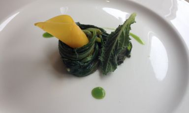 Magro, la rivisitazione dei Ravioli di borragine del savonese Luigi Taglienti, classe 1979, da pochi mesi solitario in sella al Trussardi alla Scala di Milano, 1 stella Michelin, telefono +39.02.80688201. La borragine (anche la sua radice) esce dal ripieno e diventa rampa di lancio del pansotto di pasta fresca avvolto
