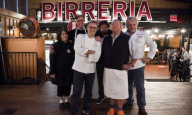 I cuochi della cena di Identità New York day 1: da sinistra, Gina De Palma, Mark Ladner, Massimo Bottura, Carlo Cracco, Mario Batali, Davide Scabin