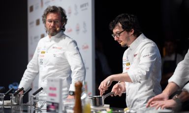 Left, chef Carlo Cracco and right Luca Sacchi, his shadow at restaurant Cracco, Milan. Photo Brambilla-Serrani
