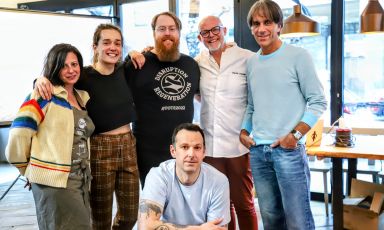 Left to right, the chefs who took part in the Talks about Food and Future event on the 27th and 28th March at Denis Lovatel's pizzeria in Milan: Amanda Cohen, Blanca Del Noval, Jp McMahon, Denis Lovatel, Davide Oldani, Matt Orlando - photo credits Richard Gruica
