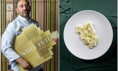 Davide Di Fabio fotografato a Identit&agrave; Milano 2026. A destra,&nbsp;Pelle di latte, baccal&agrave; e geranio, assaggio magistrale
