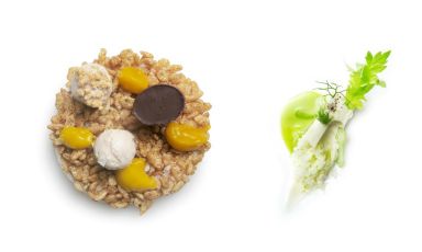 Riso croccante, zucca e nocciola e Ivoire, mela, finocchio e sedano: sono due dei cinque piatti del menu degustazione "tutto dolce" che i fratelli Costardi propongono, a&nbsp;partire da questi giorni, al loro Cinzia - Da Christian e Manuel, di Vercelli
