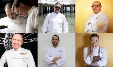 Chefs and pastry chefs discuss, at Dossier Dessert 2021, in partnership with Valrhona as usual. In the top row, the chefs: Chicco and Bobo Cerea, Mauro Uliassi, Ciccio Sultano. In the bottom row, their pastry chefs: Simone Finazzi, Mattia Casabianca, Fabrizio Fiorani
