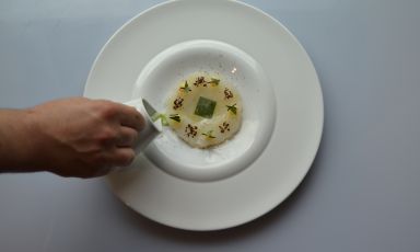 L'Insalata di baccalà, patate affumicate, basilico e prezzemolo, gran piatto concepito e cucinato da Pasquale Laera, chef del Boscareto Resort di Serralunga d'Alba (Cuneo), per la cena #unduetrestella, concertata il 14 giugno scorso al Pasha di Conversano (Bari) da Sonia Gioia e Danilo Giaffreda 
