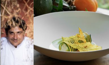 Chef Mauro Colagreco and one of the dishes on his menu dedicated to fruit that most impressed us: Zucchini and Hermit crab
