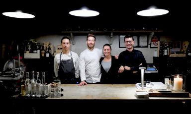 I protagonisti del Feel di Como: da sinistra il sous&nbsp;Ivan Marelli, lo chef&nbsp;Federico Beretta, la sommelier&nbsp;Elisa Forlanelli e&nbsp;Pietro Gilardi,&nbsp;uomo di sala (foto Tanio Liotta)
