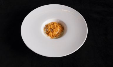 Scampo cotto a bassa temperatura, datterino giallo, crema di burrata e crostacei è il Piatto della bella stagione di Gioacchino Pontrelli, chef del ristorante Lorenzo a Forte dei Marmi (Lucca)
