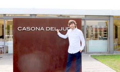 Sergio Bastard in front of the entrance to his restaurant Casona del Judío, in Santander, in the Spanish region of Cantabria, in the north, in front of the Gulf of Biscay between Asturias and Basque Country 
