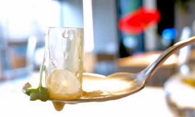 Mezze maniche al brodo di prosciutto, torta fritta e ristretto di balsamico: un piatto recente e straordinario di Terry Giacomello all'Inkiostro di Parma. Lo chef friulano, con trascorsi nei ristoranti più innovativi d'Europa, sta innestando la sua carica di creatività nella tradizione placida e sedimentata di Parma. Foto di Tanio Liotta
