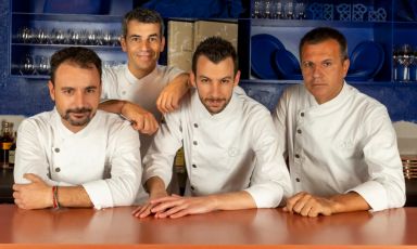 Oriol Castro, Eduardo Xatruch and Mateu Casañas, with Compartir Barcelona's executive chef Nil Dulcet Padrós in the centre

(Photos of the restaurant and chefs are by Joan Valera, photos of the dishes are by Niccolò Vecchia)
