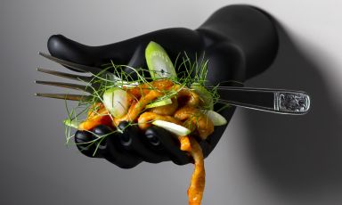 Manate lucane con finocchi e bottarga di salmerino è il Piatto del 2023 di Francesco Lorusso, chef del ristorante Bramea a Palazzo San Gervasio (Potenza) in Basilicata
