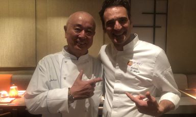 Master Nobu Matsuhisa with the executive chef of Nobu Milano, Antonio D'Angelo

