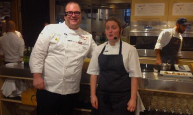 Vitantonio Lombardo of Locanda Severino in Caggiano (Salerno) and April Bloomfield of the Spotted Pig (and much more) in New York. Two very different territories and sensitivities that caused different curiosity in the room. Behind them, Iacopo Zambarbieri, the director of the kitchen in the back-office of Eataly
