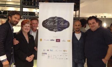 The 5 protagonists of Stelle di Stelle, lunches and dinners will be hosted in the restaurant on the lower ground floor of Harrods, in London, from this month until January 2015, one chef per month. Left to right, Carlo Cracco of Cracco in Milan (September) Annie Feolde of Enoteca Pinchiorri (December), Enrico Cerea of Da Vittorio in Brusaporto (October), Enrico Crippa of Piazza Duomo in Alba (January) and Gennaro Esposito of Torre del Saracino in Vico Equense (November)