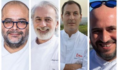I quattro protagonisti delle serate di mercoledì 29 e giovedì 30 marzo, a Identità Golose Milano. Da sinistra: Lillo Freni, Pasquale Caliri, Luca Miuccio, Francesco Arena
