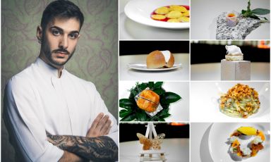 Davide Marzullo, di Uboldo (Varese), classe 1996, e alcuni dei suoi piatti che abbiamo assaggiato nella nuova Trattoria contemporanea di Lomazzo (Como)
