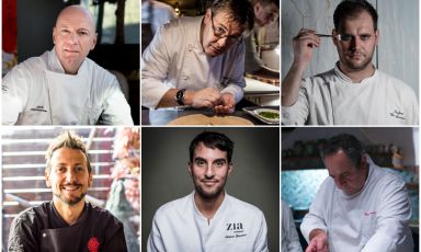 Alcuni dei protagonisti del prossimo Dolomiti Gourmet Festival, kermesse gastronomica a Dobbiaco dal 6 all'11 ottobre, con la partecipazione di les Collectionneurs. Dall'alto a sinistra, in senso orario, Chris Oberhammer, Alessandro Gilmozzi, Stefano Di Gennaro, Peppe Aversa, Antonio Ziantoni e Christian Milone
