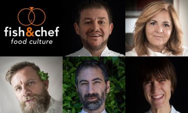 I cinque protagonisti delle due serate finali di Fish&Chef a Identit&agrave; Golose Milano. Dall'alto in senso orario, Peter Brunel, Giuliana Germiniasi, Annalisa Borella, Maurizio Bufi e Matteo Felter
