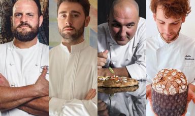 Left to right, four new protagonists at Identità Milano 2021: Errico Recanati, chef and patron at Andreina in Loreto (Ancona); pizzaioli Ciro Oliva, from Concettina ai Tre Santi in Naples, and Mirko Petracci, from La Scaletta in Ascoli Piceno; Mattia Casabianca, pastry chef at Uliassi in Senigallia (Ancona)
