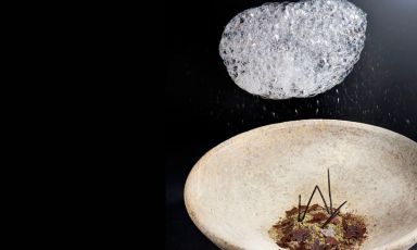 Bosque lluvioso, il nuovo, spettacolare dessert di Jordi Roca. Presenta una nuvola di distillato di funghi che fa piovere gocce nel piatto. Ed è "ancorata" al piatto, altrimenti volerebbe via
