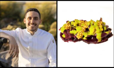 Davide Guidara, chef del I Tenerumi al Therasia Resort a Vulcano e, a destra, uno dei suoi piatti
