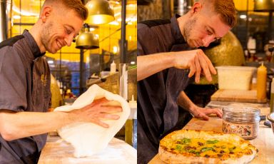 Marco Manzi sul posto di lavoro, alla pizzeria Giotto di Firenze, due sedi in zona Santa Maria Novella (via Panzani 57) e in zona Novoli (via Francesco Veracini 22)
