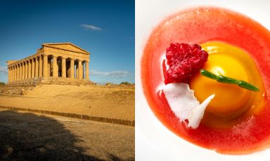 Un a cena per celebrare la Grecia Antica: è andata in scena nella Valle dei Templi di Agrigento grazie ai fratelli Butticè de Il Moro di Monza. A destra, una delle delizie proposte, Il Nettare degli Dei, un estratto di anguria e sambuco
