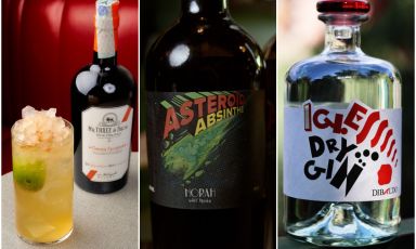 I distillati d'eccezione proposti dai bartender Edoardo Nono e Niccolò Caramiello e - quello più a destra - dallo chef Igles Corelli
