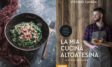 Un piatto (Spätzle di farro integrale alla panna e prosciutto) e la copertina del libro di Stefano Cavada, La mia cucina altoatesina, edito da Athesia, 144 pagine, 19,90 euro
