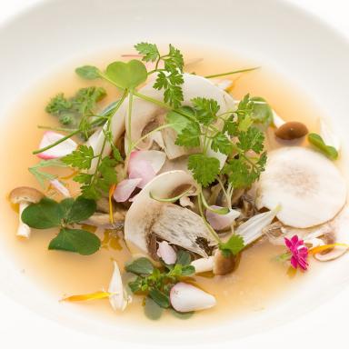 Mushroom consommé flavoured with garden and forest herbs