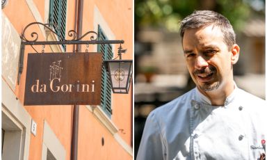 L'insegna retr&ograve; del daGorini a San Piero in Bagno, dello chef-patron Gianluca Gorini (a destra)
