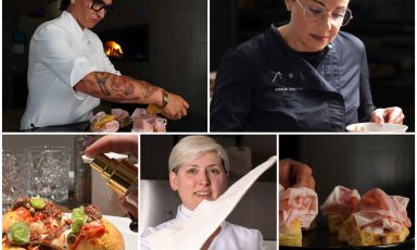 Alcune delle protagoniste del nostro viaggio della pizzeria al femminile: in alto, a sinistra, Petra Antolini della pizzeria Settimo Cielo a Settimo di Pescantina (Verona) - con la sua pizza, in basso a destra -, Amalia Costantini, della pizzeria Mater a Fiano Romano (Roma), mentre in basso a sinistra, la pizza di Marzia Buzzanca della pizzeria e ristorante Agrumi, a Giulianova (Teramo), eleganza pura, e Francesca Gerbasio, della pizzeria La Pietra Azzurra a Sala Consilina (Salerno)
