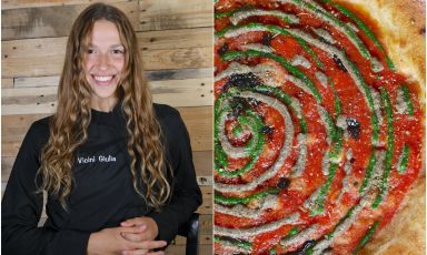Giulia Vicini e una delle sue pizze signature al Giuly Pizza di Castelli Calepio (Bergamo), la Mamma-rinara
