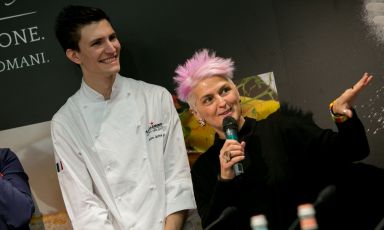 Paolo Griffa, sous chef at Piccolo Lago in Verbania and Italian candidate at the S.Pellegrino Young Chef of the Year, with his mentor Cristina Bowerman, chef at Glass Hostaria, Rome. Tomorrow Griffa will have to compete with 19 young talents from around the world. The winner is to be announced around midnight