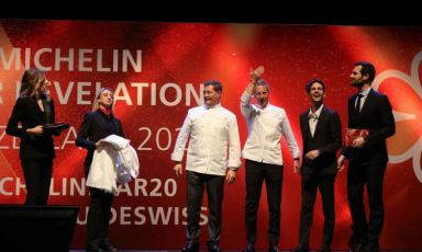 Centre, Chicco Cerea and Paolo Rota, chefs at Da Vittorio, in Sankt Moritz, at the moment of the awarding of the two stars in 2020
