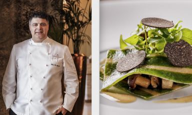 Heros De Agostinis, da poco executive chef del ristorante Ineo, nell'hotel Palazzo Naiadi e il suo Raviolo aperto di spinaci funghi erbe aromatiche e tartufo
