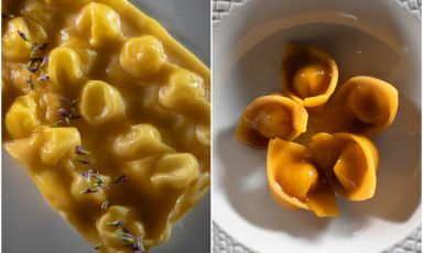 Il&nbsp;Raviolo di ravioli&nbsp;di Isa Mazzocchi e il&nbsp;Tortello di parmigiano 50 mesi&nbsp;di Stefano Secchi: due piatti protagonisti - coi loro autori - di Identit&agrave; di Formaggio a Identit&agrave; Milano 2026. Tutte le foto sono di Brambilla-Serrani
