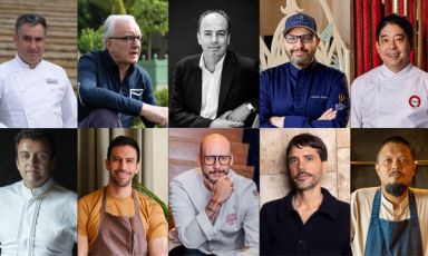 Da sinistra in alto, in senso orario: Josean Alija, Alain Ducasse, Charles Spence, Antonio Bachour, Mitsuharu Tsumura, Darren Theoh, Virgilio Martinez, Luis Felipe Souza, Santiago Lastra e Alexandre Gauthier, autori di lezioni 10 lezioni a Identit&agrave; Milano,&nbsp;7/9 giugno 2026 (per programma e iscrizioni, clicca qui)

