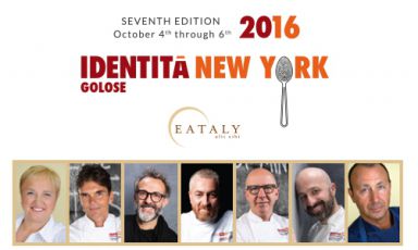All the protagonists of the seventh edition of Identità New York: from the left to the right, Lidia Bastianich, Matthew Kenney, Massimo Bottura, Alex Atala, Franco Pepe, Niko Romito and Fortunato Nicotra
