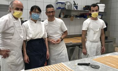 Left to right, Corrado Assenza, the maestro pastry-chef at Caffè Sicilia in Noto, and his team which includes Reiko, Corrado and his son Francesco Assenza
