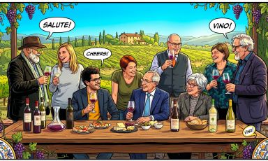 Una simpatica vignetta raggruppa i giornalisti di Identit&agrave; di Vino presenti al Vinitaly: nei disegni a fumetti, da sinistra, Nereo Pederzolli, Stefania Oggioni, Salvo Ognibene, Amelia De Francesco, Maurizio Trezzi, Raffaele Foglia, Marilena Lualdi, Fosca Tortorelli e Leonardo Romanelli
