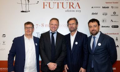 Alcuni dei maggiori protagonisti di Futura, prima edizione del summit organizzato dagli Ambasciatori del Gusto a Cavalese (Trento). Da sinistra il presidente Alessandro Gilmozzi, il ministro Francesco Lollobrigida, Carlo Cracco e Gianluca De Cristofaro, responsabile tecnico scientifico e delle relazioni esterne e istituzionali degli Ambasciatori. Le foto sono di Giulia Manelli
